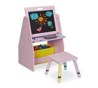 Relaxdays Scaffale per Bambini, con Lavagna, Doppio Scomparto e Sgabello, Postazione per Colorare, HLP 84x52x45 cm, Rosa, Legno, Set da 2 pz