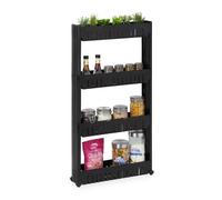 Relaxdays Mobile Salvaspazio, 4 Ripiani, Scaffale Stretto per Bagno & Cucina, Carrello Portaoggetti in Plastica, Nero