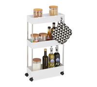 Relaxdays Mobile Salvaspazio, Scaffale su Ruote con 3 Ripiani, per Bagno & Cucina, Carrello 70 x 15,5 x 40,5 cm, Bianco, Acciaio Inox