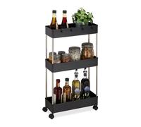 Relaxdays Mobile Salvaspazio, Scaffale su Ruote con 3 Ripiani, per Bagno & Cucina, Carrello 70 x 15,5 x 40,5 cm, Nero