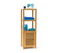 Relaxdays Scaffalle a Colonna in bambù, 4 Ripiani HLP 110x36,5x33 cm, Armadietto con Anta, per Bagno e Salotto, Naturale, bambú