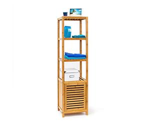 Relaxdays Scaffalle a Colonna in Bambù, 5 Ripiani HLP 140x36,5x33 cm, Armadietto con Anta, per Bagno e Salotto, Naturale