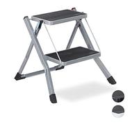 Relaxdays Scala Pieghevole, 2 Gradini, Salvaspazio, Antiscivolo, Ferro, HLP 45x50x50 cm, Grigio