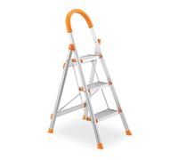 Relaxdays Scaletta in Alluminio, Scala Pieghevole con 3 Gradini, Step Ladder, Carico Fino a 150 kg, Argentato Arancione