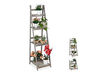 Relaxdays Scaletta per Piante, a Livelli, Pieghevole, Scaffale con 4 Ripiani a Scala, HLP 160x41x50 cm, in Legno, Grigio