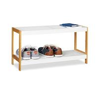 Relaxdays Scarpiera con 2 Ripiani, Robusto Portascarpe, bambù & Legno MDF, Scaffale per Scarpe, HLP, 5 x 70 x 26cm, Bianco/Marrone, Fibra, 36,5 x 70 x 26 cm
