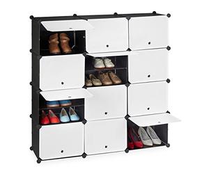 Relaxdays Scarpiera in Plastica, 24 Scomparti Chiusi con Ante, Scaffale Porta Scarpe, HxLxP: 125x125x32 cm, Bianco/Nero