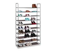 Relaxdays Scarpiera Salvaspazio XXL, con Rivestimento in Tessuto Non Tessuto, 10 Ripiani per 50 Paia di Scarpe, Marrone, Acciaio, 175,5x100x29 cm
