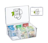 Relaxdays Box Porta tè e Tisane, 6 Scomparti, con Coperchio, 9x21,5x15 cm, Organizer per Bustine, Plastica, Trasparente, 9 x 21.5 x 15 cm
