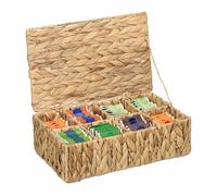 Relaxdays Scatola Porta tè, 8 Scomparti 110 Bustine Tisane, Tea Box Coperchio, 10x33x20,5 cm, Giacinto Acqua, Naturale, Fibra vegetale