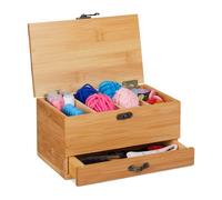 Relaxdays Box per Cucito in Bambù, 4 Scomparti, Cassetto, con Coperchio, Manico Antico, Senza Contenuto, Legno Naturale