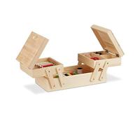 Relaxdays Scatola da Cucito in Legno, 5 Scomparti, Pieghevole, Vuota, Manici, Aspetto Naturale, 12x26x15,5 cm, 1 pz