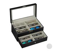 Relaxdays Scatola per 12 Paia di Occhiali, Espositore, Dimensione HxLxP: 15,5 x 33,5 x 19,5 cm, Box in finta pelle, Nera, PU, Vetro, Nero, Set da 1