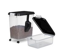 Relaxdays Scatola per Crocchette Cane, Set 2 Contenitori Cibo Animali, 10L e 30L, Rotelle e Paletta, Trasparente Nero