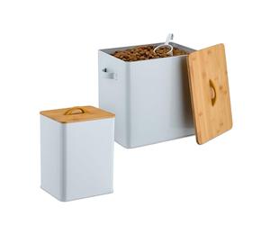 Relaxdays Scatola per Crocchette Cane, Set 2 Contenitori Cibo per Gatti, 5,5L e 13,5L, Porta Mangime con Paletta, Bianco