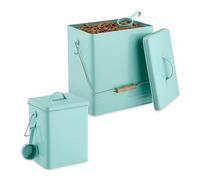 Relaxdays Scatola per Crocchette Cane, Set 2 Contenitori Cibo per Gatti, 5,5L e 16L, Porta Mangime con Paletta, Turchese, bambù