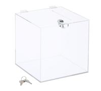 Relaxdays Scatola Lucchetto, Cassetta Soldi Donazioni e Schede, Salvadanaio Acrilico, HLP: 20x20x20 cm, Trasparente, Argento