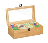 Relaxdays Scatola Porta tè e Tisane, 10 Scomparti Infusi, Cofanetto con Coperchio, HLP: 10x29,5x17 cm, bambù Naturale, Plastica, Acciaio Inox
