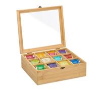 Relaxdays Scatola Porta tè e Tisane, 12 Scomparti, Cofanetto con Coperchio, HLP: 11 x 32 x 28 cm, bambù Naturale, Fibra di Legno, Plastica
