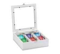 Relaxdays Scatola Porta Tè e Tisane, 7 Scomparti, Organizer con Coperchio Salva-Aroma, HLP: 8 x 25 x 25,5 cm, Bianco