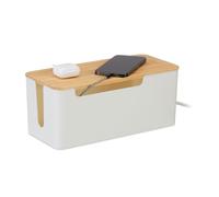 Relaxdays Scatola Porta Cavida Scrivania, Nascondicavi e 2 Prese, Cable Box 13x31x14cm, Coperchio Bambù, Naturale Bianco