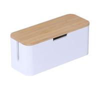 Relaxdays Scatola Porta Ciabatte e Cavi in bambù, Coperchio, HLP: 14,5x34x11 cm, Naturale/Bianco