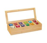 relaxdays Teebox, Bambus, Fächer Scatola Porta tè e Tisane, 12 Scomparti, Cofanetto con Finestrella, Organizer 9 x 41 x 16 cm, bambù Naturale