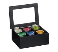 Relaxdays Scatola Porta tè e Tisane, 6 Scomparti per Capsule caffè, Cofanetto con Coperchio, 9x21,5x16 cm, bambù, Nero, 9 x 21.5 x 16 cm