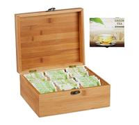 Relaxdays, legno naturale Scatola Porta Tè e Tisane, 72 Bustine, Organizer con Coperchio, Salva-Aroma, HLP 9,5x22x18,5 cm, Bambù