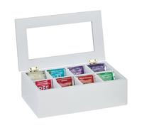 Relaxdays Scatola Porta tè e Tisane, 8 Scomparti per Capsule caffè, Cofanetto con Coperchio, 9x28x16 cm, bambù, Bianco