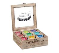 Relaxdays Scatola Porta tè e Tisane, 9 Scomparti, Cofanetto con Finestrella, Organizer per Capsule del Caffè, Naturale, 1 pz