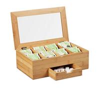 Relaxdays, naturale Scatola Porta Tè e Tisane, Coperchio con Finestra, 8 Scomparti, Cassetto, Tea Box, HLP 11x33x20 cm, Bambù