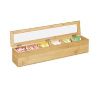 Relaxdays Scatola Porta tè e Tisane, 6 Scomparti,72 Bustine,Organizer con Coperchio,Salva-Aroma,9x44x9 cm,Legno Naturale, Plastica