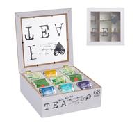 Relaxdays Scatola Porta tè e Tisane, Organizer Cassetti 9 Scomparti, 9x25x25 cm Tea Box con Coperchio MDF, Bianco Grigio, Fibra di Legno