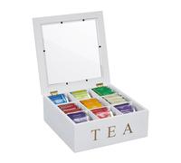 Relaxdays Scatola Porta tè, Organizer Cassetti 9 Scomparti, 9x23,5x23,5 cm, Tea Box con Coperchio, in bambù, Bianco Oro, 9 x 23.5 x 23.5 cm
