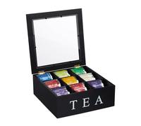 Relaxdays Scatola Porta tè, Organizer Cassetti 9 Scomparti, 9x23,5x23,5 cm, Tea Box con Coperchio, in bambù, Nero Bianco, 9 x 23.5 x 23.5 cm