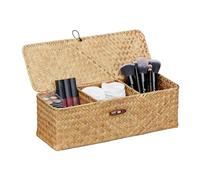 Relaxdays Scatola Portaoggetti con Coperchio, Contenitore in Fieno Marino con 3 Scomparti Bagno, 11x33x12,5 cm, Naturale, Fibra vegetale, 11 x 33 x 12.5 cm