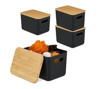 Relaxdays Scatola portaoggetti, Set 4 pz, con Coperchio, plastica, bambù, con Manici, Organizer, 16 x 26 x 17,5 cm, Nero