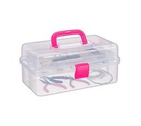 Relaxdays, 14x33x19,5 cm, Rosa Scatola Trasparente Plastica, 9 Scomparti per Oggetti, Maniglia e Chiusura A Scatto