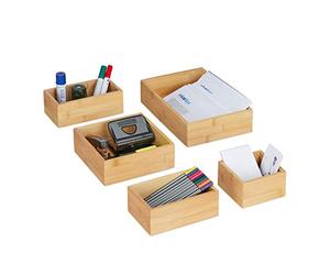 Relaxdays Scatole Portaoggetti, Set 5 Organizer per Cassetti, Svuotatasche in bambù per Bagno & Ufficio, Legno Naturale