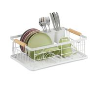 Relaxdays Scolapiatti da Appoggio per Lavello, Portaposate & Vaschetta Raccogli Acqua, Gocciolatoio per Cucina, Bianco