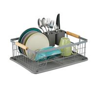 Relaxdays Scolapiatti da Appoggio per Lavello, Portaposate & Vaschetta Raccogli Acqua, Gocciolatoio per Cucina, Grigio, Ferro, 15.5 x 42 x 31 cm