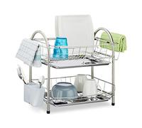 Relaxdays Scolapiatti su 2 Livelli, Porta-Posate, Vaschetta Sgocciolatoio, Vasca per l’Acqua,Acciaio,39,5x60x28,Argento, Inox, Set da 1