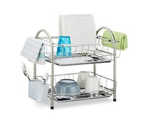 Relaxdays Scolapiatti su 2 Livelli, Porta-Posate, Vaschetta Sgocciolatoio, Vasca per l’Acqua,Acciaio,39,5x60x28,Argento