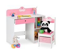 Relaxdays Scrivania e Sedia per Bambini, con Cassetto e 2 Ripiani Aperti, in MDF, Design Cigni Innamorati, Bianco Rosa, Fibra di Legno, 79,5 x 80 x 40 cm