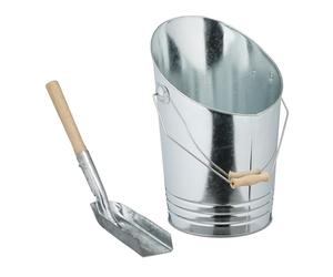 Relaxdays Secchio Raccogli Cenere con Manico e Pala, Cesto Carbone 10 L, Secchiello per Camino e Stufa, Ferro, Argento