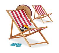 relaxdays Sedia, Set da 2, Sdraio Mare Pieghevole in bambù, Fodera in Tessuto con Cuscini, Rosso, Strisce Rosse