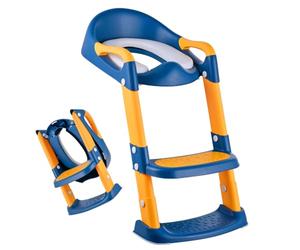 Relaxdays Sedile WC per bambini con scaletta, pieghevole, blu/giallo | imbottito, regolabile 39-45 cm