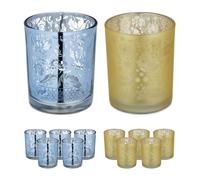 Relaxdays Set 12 Portacandele in Vetro, Porta Lumini dal Design Decorativo per Centrotavola e Bagno, Dorato Argento