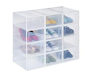 Relaxdays Set 12 Scatole di Plastica per Scarpe Fino al N. 45, Scarpiera con Box Impilabili, Shoe Organizer, Trasparenti